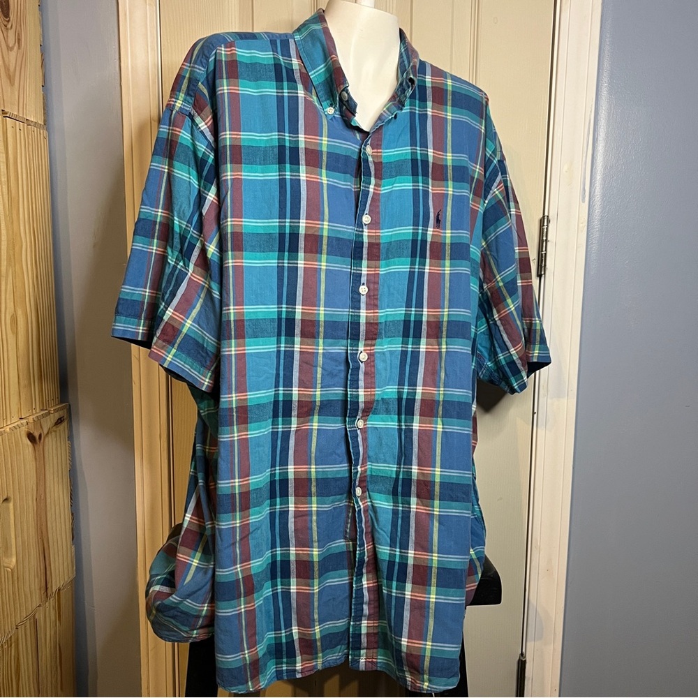 Ralph Lauren Blake Short Sleeve Button Down Shirt XL Blue Plaid 100% Cotton
